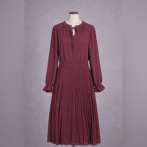 PrettyGarden‎ Dress Womens Large Red Polka Dot Pleated Long Sleeve Midi Boho